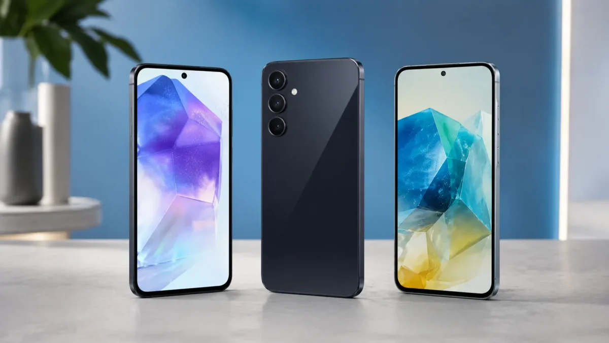 Tres smartphones galaxy alinhados em estudio exibindo os melhores celulares samsung custo beneficio com tela amoled colorida