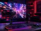 Monitor 144hz gamer sem bordas exibindo jogo de corrida com teclado mecanico rgb em mesa de computador iluminada