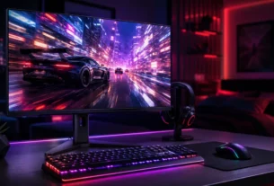 Monitor 144hz gamer sem bordas exibindo jogo de corrida com teclado mecanico rgb em mesa de computador iluminada