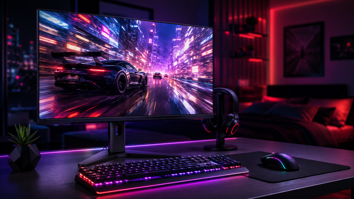 Monitor 144Hz Gamer Vale a Pena? Tudo que Você Precisa Saber Antes de Comprar 1 Monitor 144hz gamer sem bordas exibindo jogo de corrida com teclado mecanico rgb em mesa de computador iluminada