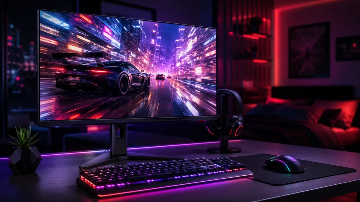 Monitor 144hz gamer sem bordas exibindo jogo de corrida com teclado mecanico rgb em mesa de computador iluminada