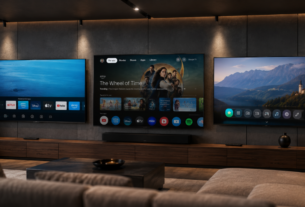 Três smart TVs alinhadas em parede cinza comparando as interfaces do Google TV revelando as vantagens da tv com android em relação ao tizen e webos