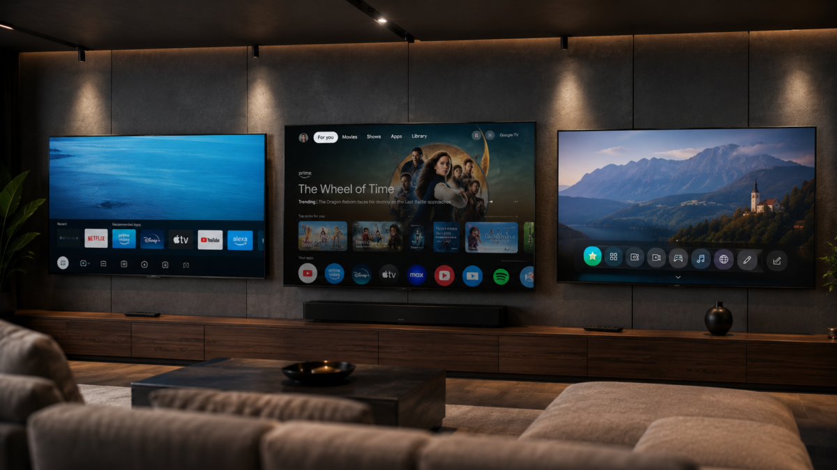 TV com Android (Google TV), Tizen ou webOS? Qual Sistema Escolher em 2026? 1 Três smart TVs alinhadas em parede cinza comparando as interfaces do Google TV revelando as vantagens da tv com android em relação ao tizen e webos