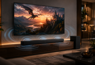 Aparelho de sound bar tv posicionado em rack abaixo de televisão ligada ao lado de um subwoofer sem fio em sala com painel de madeira