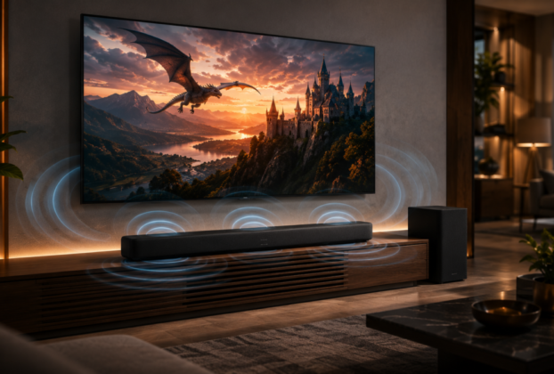 Aparelho de sound bar tv posicionado em rack abaixo de televisão ligada ao lado de um subwoofer sem fio em sala com painel de madeira