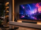 Smart tv de 55 polegadas ligada exibindo filme colorido fixada em painel de madeira em sala de estar moderna