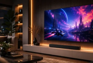 Smart tv de 55 polegadas ligada exibindo filme colorido fixada em painel de madeira em sala de estar moderna