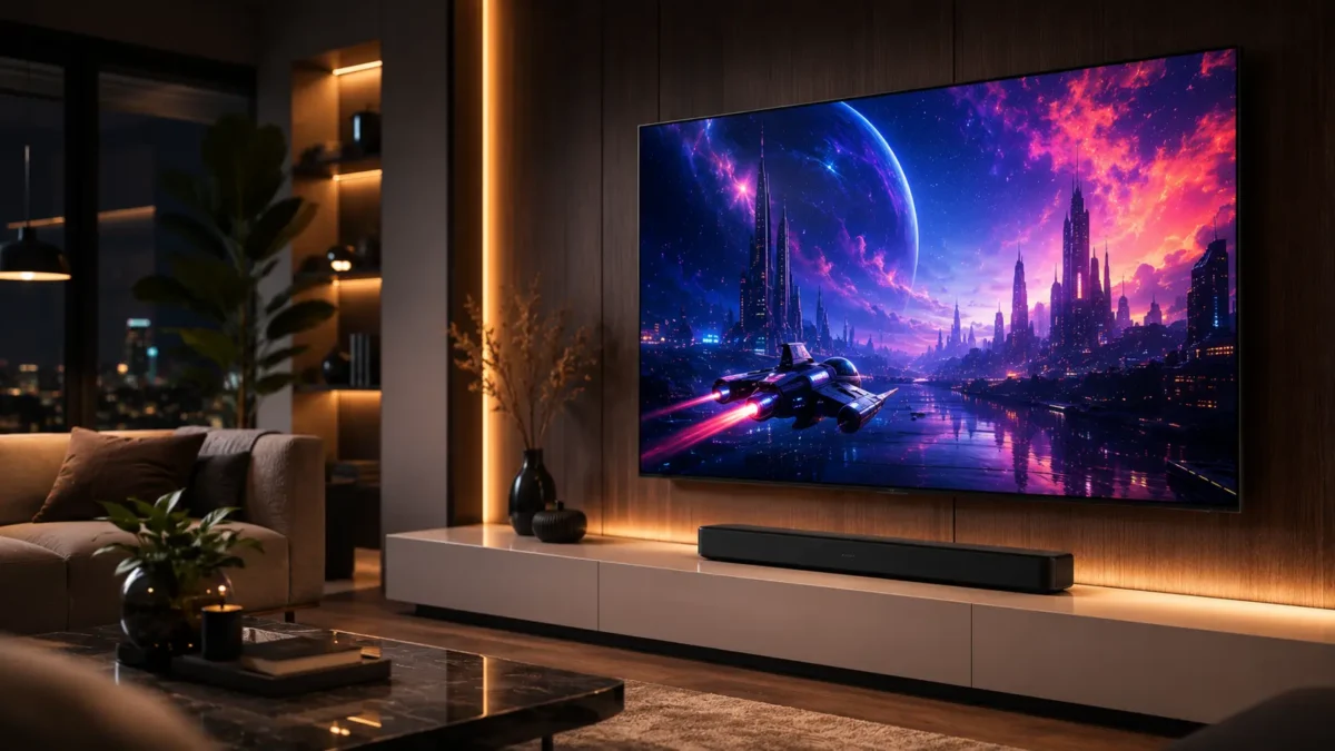 TV de 55 Polegadas: Qual Comprar em 2026? Guia Completo por Faixa de Preço 1 Smart tv de 55 polegadas ligada exibindo filme colorido fixada em painel de madeira em sala de estar moderna