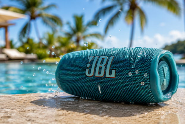 Aparelho de som portátil caixa de musica jbl azul com gotas de água posicionado na borda de uma piscina ensolarada