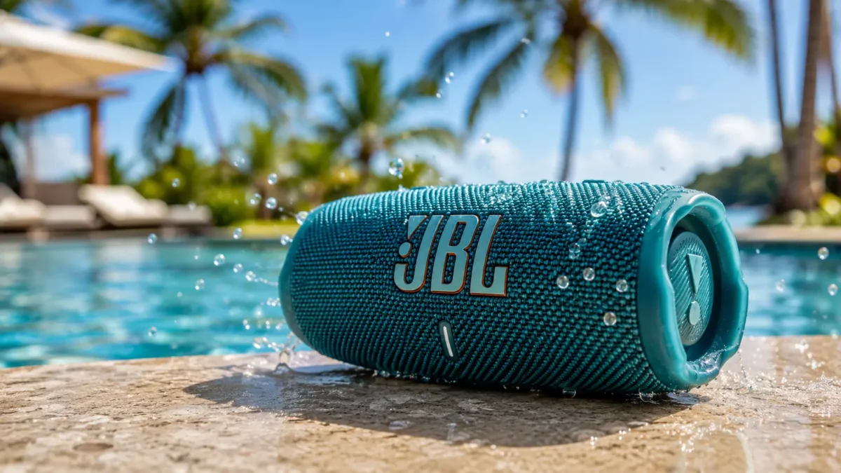 Caixa de Musica JBL: Qual Comprar em 2026? Guia Completo por Tamanho e Potência 1 Aparelho de som portátil caixa de musica jbl azul com gotas de água posicionado na borda de uma piscina ensolarada