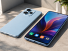 um par de celular até 1500 reais e modernos posicionados lado a lado exibindo telas ligadas coloridas sobre superfície cinza limpa