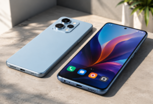 um par de celular até 1500 reais e modernos posicionados lado a lado exibindo telas ligadas coloridas sobre superfície cinza limpa
