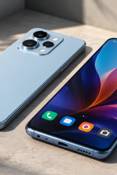 um par de celular até 1500 reais e modernos posicionados lado a lado exibindo telas ligadas coloridas sobre superfície cinza limpa