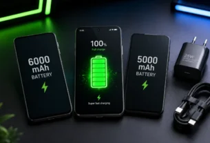Aparelho do tipo celular com a melhor bateria exibindo icone de carga de bateria verde cem por cento aceso sobre mesa moderna
