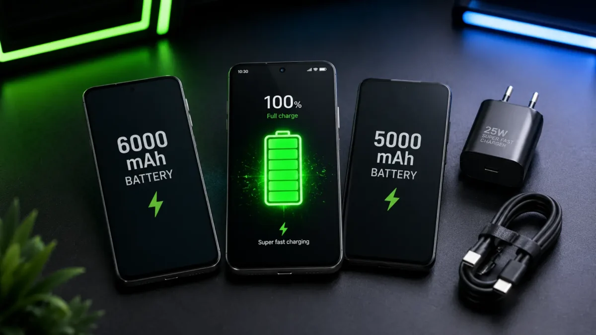 Celular com a Melhor Bateria: Top 3 Modelos para Ficar Dias Longe da Tomada em 2026 1 Aparelho do tipo celular com a melhor bateria exibindo icone de carga de bateria verde cem por cento aceso sobre mesa moderna