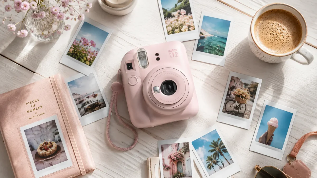 Câmera Instax Mini 12: A Câmera Instantânea da Fujifilm Ainda Vale a Pena Comprar? 1 Dispositivo fotografico do tipo camera instax mini 12 rosa cercado por fotos instantaneas reveladas sobre mesa de madeira