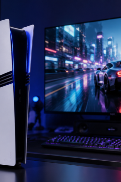 Console PlayStation 5 Pro preto e branco posicionado verticalmente em uma mesa gamer com luzes LED azuis ao fundo