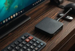 Dispositivo reprodutor de mídia do tipo fire stick tv lite conectado na entrada HDMI de uma televisão com tela acesa