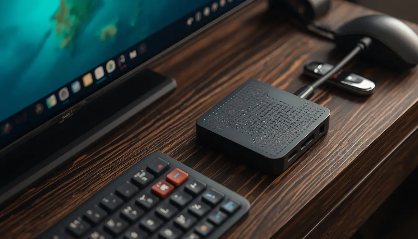 Dispositivo reprodutor de mídia do tipo fire stick tv lite conectado na entrada HDMI de uma televisão com tela acesa