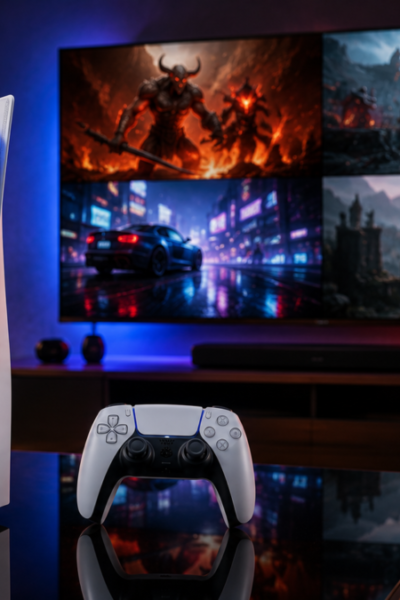 Console com jogos de playstation 5 em pé ao lado de controle branco dualsense sobre mesa reflexiva escura com luzes de led azul de fundo