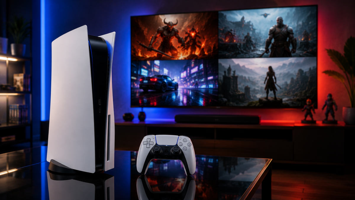 Melhores Jogos de Playstation 5 em 2026: Top 3 Exclusivos que Você Precisa Jogar 1 Console com jogos de playstation 5 em pé ao lado de controle branco dualsense sobre mesa reflexiva escura com luzes de led azul de fundo