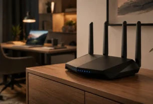 Melhor roteador wifi 6 preto de quatro antenas com luzes azuis acesas posicionado sobre balcão de madeira em sala moderna