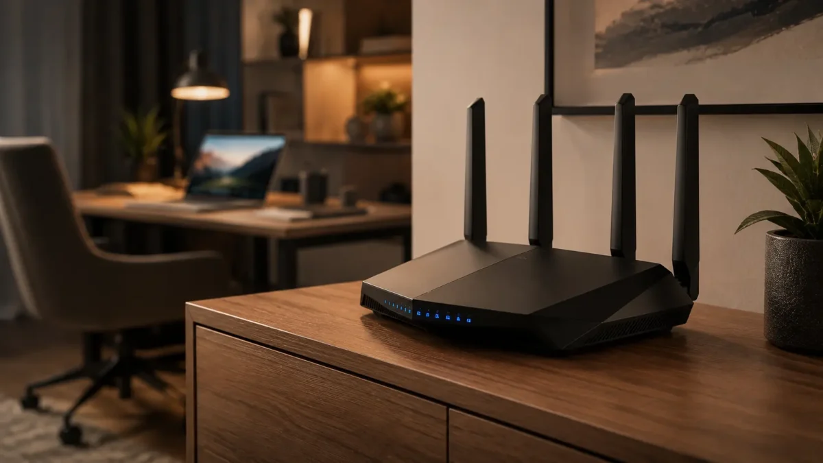Melhor roteador wifi 6 preto de quatro antenas com luzes azuis acesas posicionado sobre balcão de madeira em sala moderna