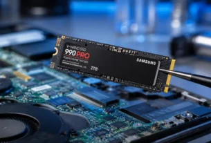Placa de circuito de um componente de memória melhor ssd para notebook sendo instalada cuidadosamente por pinça em computador aberto