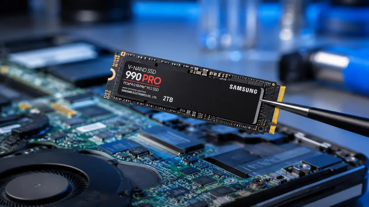 Placa de circuito de um componente de memória melhor ssd para notebook sendo instalada cuidadosamente por pinça em computador aberto