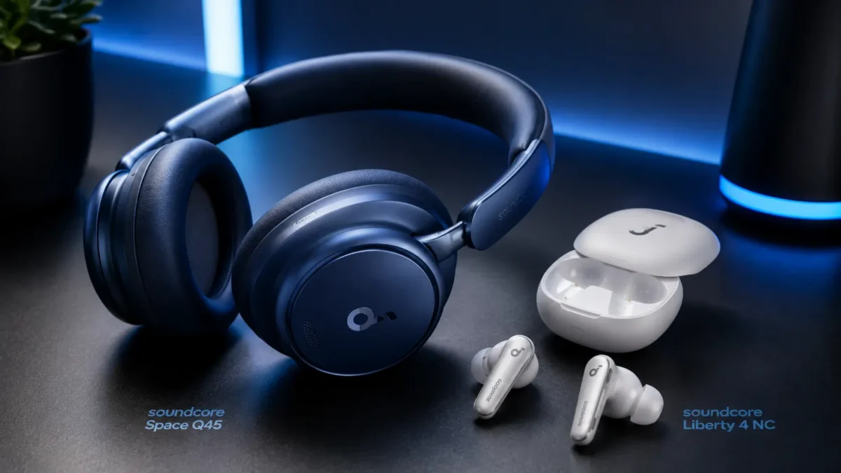 Melhores Fones de Ouvido Bluetooth Anker Soundcore: Top 3 para Comprar sem Errar 1 Dispositivos de audio do tipo melhores fones de ouvido da linha anker soundcore organizados sobre mesa moderna de escritorio