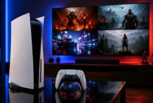 Console com jogos de playstation 5 em pé ao lado de controle branco dualsense sobre mesa reflexiva escura com luzes de led azul de fundo