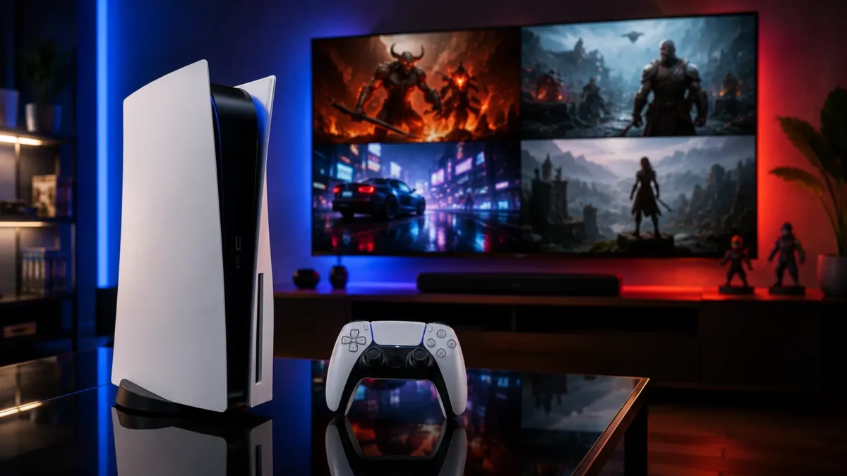 Console com jogos de playstation 5 em pé ao lado de controle branco dualsense sobre mesa reflexiva escura com luzes de led azul de fundo
