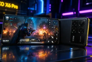 Smartphone gamer poco x6 pro com tela acesa exibindo jogo colorido sobre mesa com luzes neon ao fundo