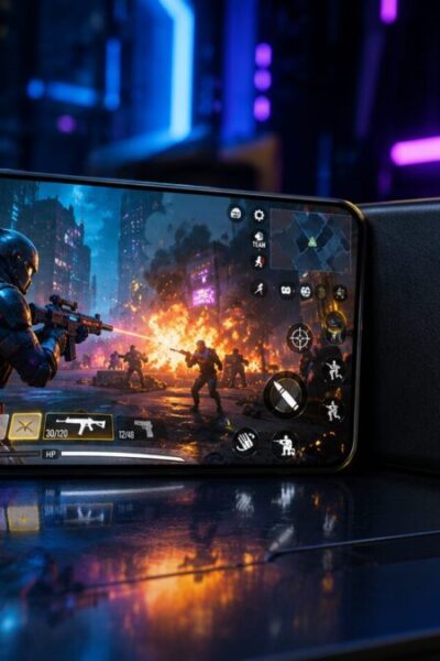 Smartphone gamer poco x6 pro com tela acesa exibindo jogo colorido sobre mesa com luzes neon ao fundo