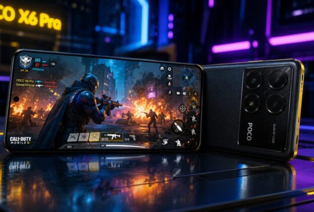 Smartphone gamer poco x6 pro com tela acesa exibindo jogo colorido sobre mesa com luzes neon ao fundo