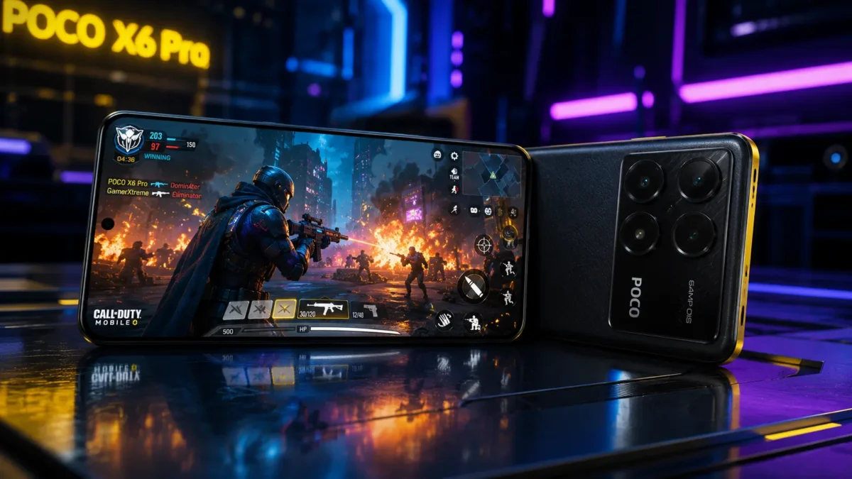 Smartphone gamer poco x6 pro com tela acesa exibindo jogo colorido sobre mesa com luzes neon ao fundo