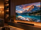 Televisor do tipo samsung crystal uhd ligado exibindo paisagem colorida instalado em painel de madeira em sala moderna