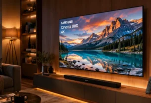 Televisor do tipo samsung crystal uhd ligado exibindo paisagem colorida instalado em painel de madeira em sala moderna