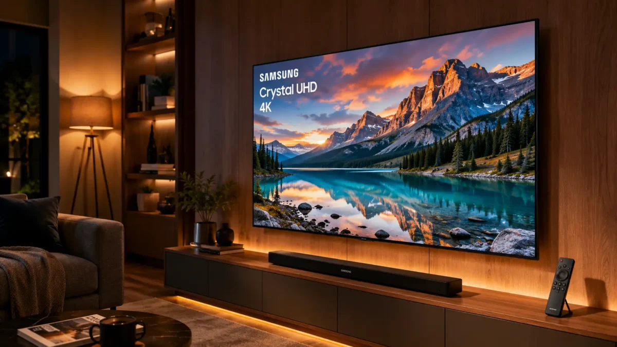Smart TV Samsung Crystal UHD DU8000: A Melhor Tela de Entrada da Categoria em 2026? 1 Televisor do tipo samsung crystal uhd ligado exibindo paisagem colorida instalado em painel de madeira em sala moderna