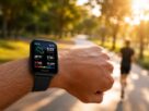 Relógio inteligente smartwatch amazfit bip 5 com tela grande acesa no pulso de uma pessoa durante treino de corrida ao ar livre
