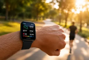 Relógio inteligente smartwatch amazfit bip 5 com tela grande acesa no pulso de uma pessoa durante treino de corrida ao ar livre