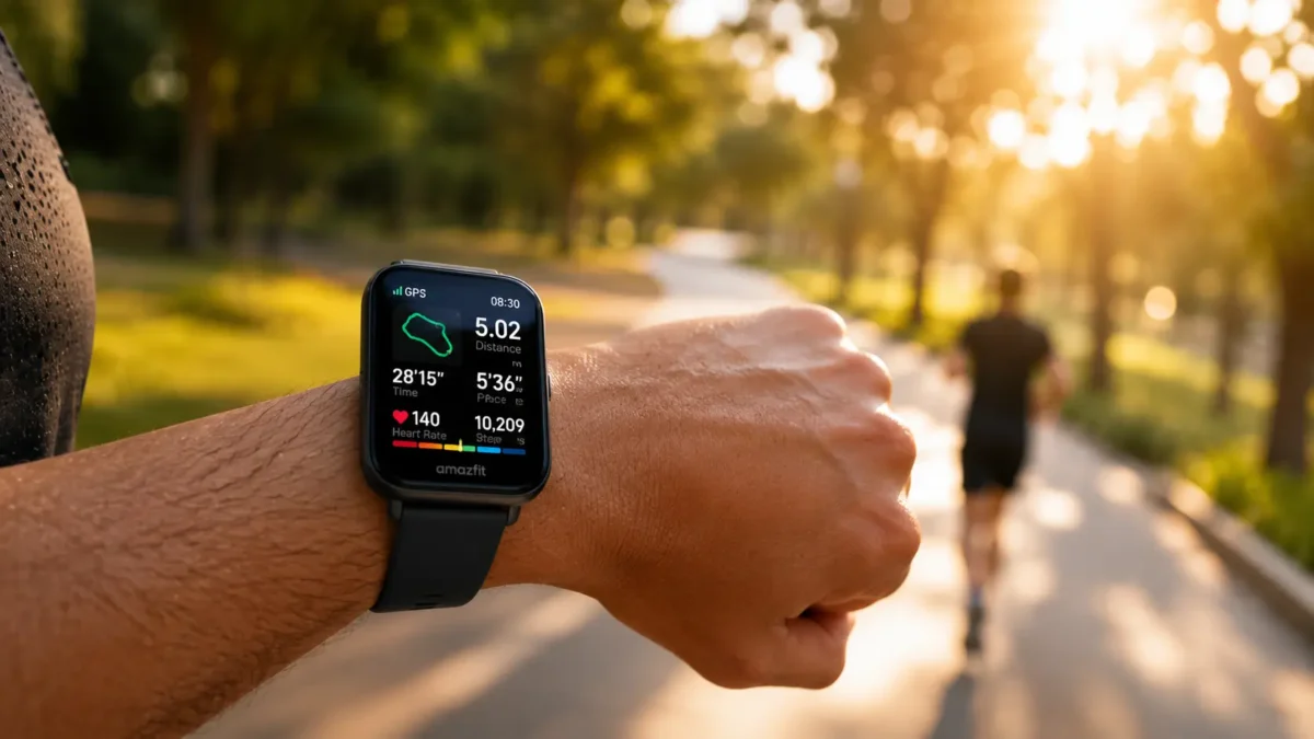 Relógio inteligente smartwatch amazfit bip 5 com tela grande acesa no pulso de uma pessoa durante treino de corrida ao ar livre