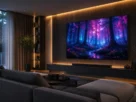 Aparelho de tela gigante televisores de 65 polegadas ligado exibindo imagem colorida em parede de sala decorada moderna