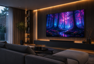Aparelho de tela gigante televisores de 65 polegadas ligado exibindo imagem colorida em parede de sala decorada moderna