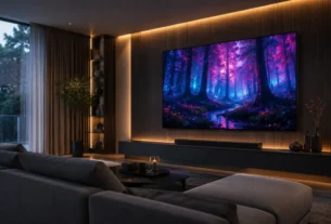 Aparelho de tela gigante televisores de 65 polegadas ligado exibindo imagem colorida em parede de sala decorada moderna