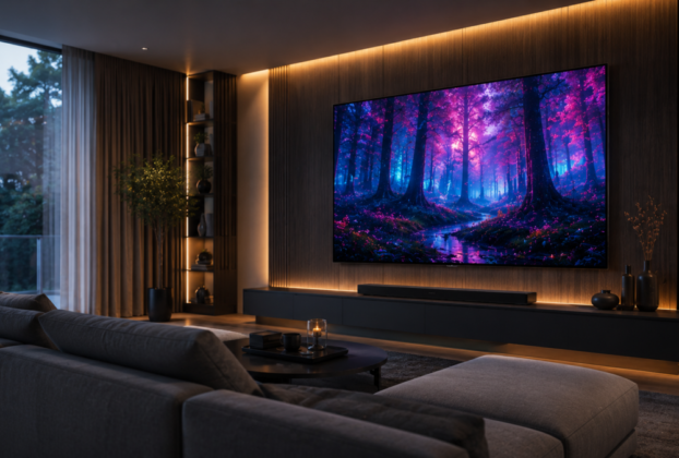 Aparelho de tela gigante televisores de 65 polegadas ligado exibindo imagem colorida em parede de sala decorada moderna