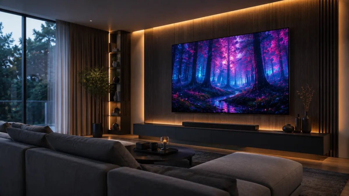 Televisores de 65 Polegadas: Qual Comprar em 2026? Guia Completo com Melhores Modelos 4K 1 Aparelho de tela gigante televisores de 65 polegadas ligado exibindo imagem colorida em parede de sala decorada moderna