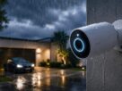 Aparelho de monitoramento residencial do tipo cameras de segurança wifi instalado na parede externa de uma casa sob chuva fina à noite