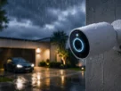 Aparelho de monitoramento residencial do tipo cameras de segurança wifi instalado na parede externa de uma casa sob chuva fina à noite
