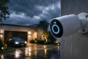 Aparelho de monitoramento residencial do tipo cameras de segurança wifi instalado na parede externa de uma casa sob chuva fina à noite